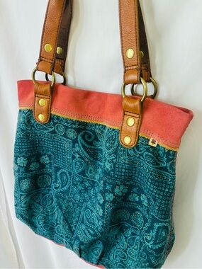 Lucky Brand Paisley Canvas Tote Bag | Cotton & Leather | 16x16x5